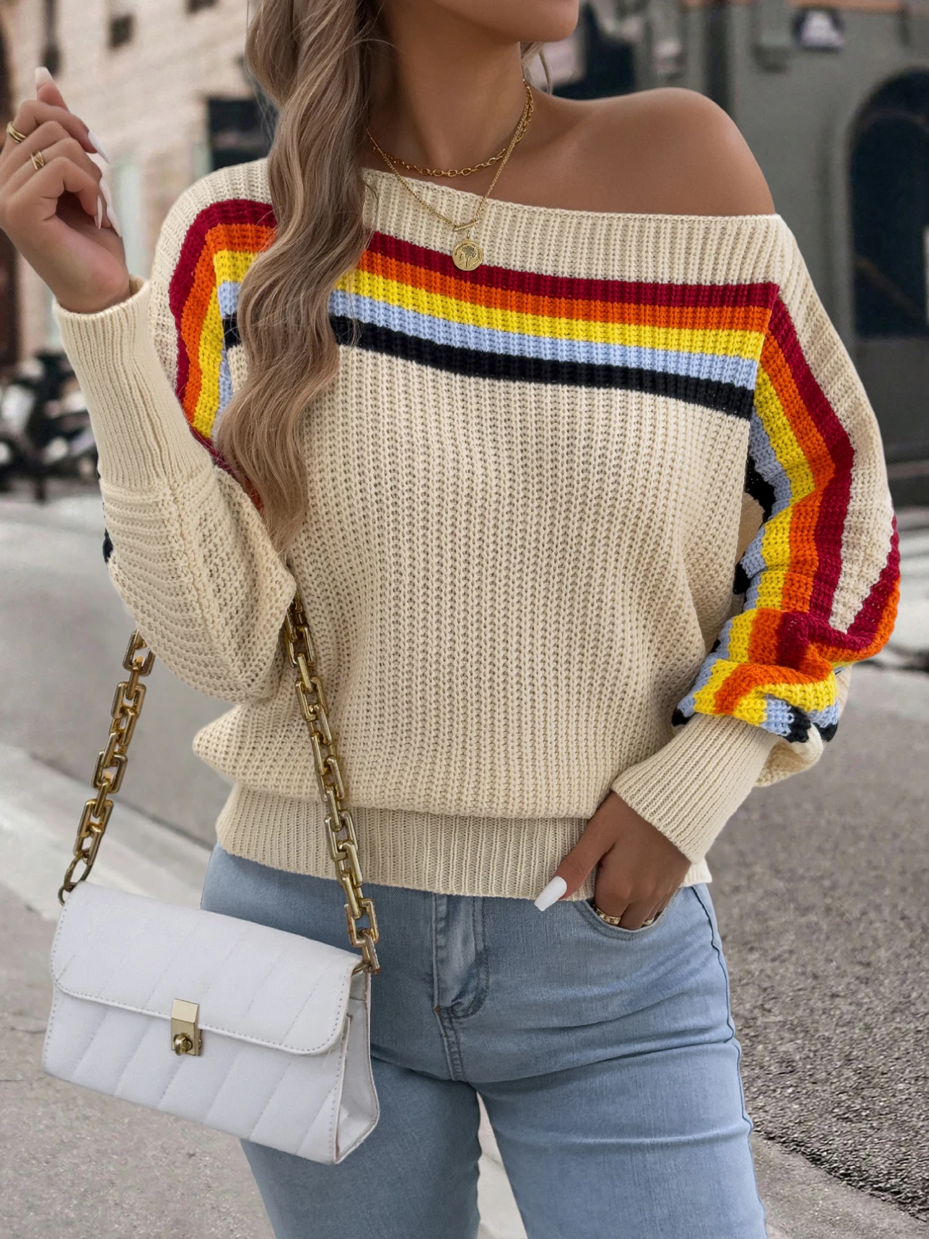 Women Autumn Winter Striped Sweaters Casual Round Neck