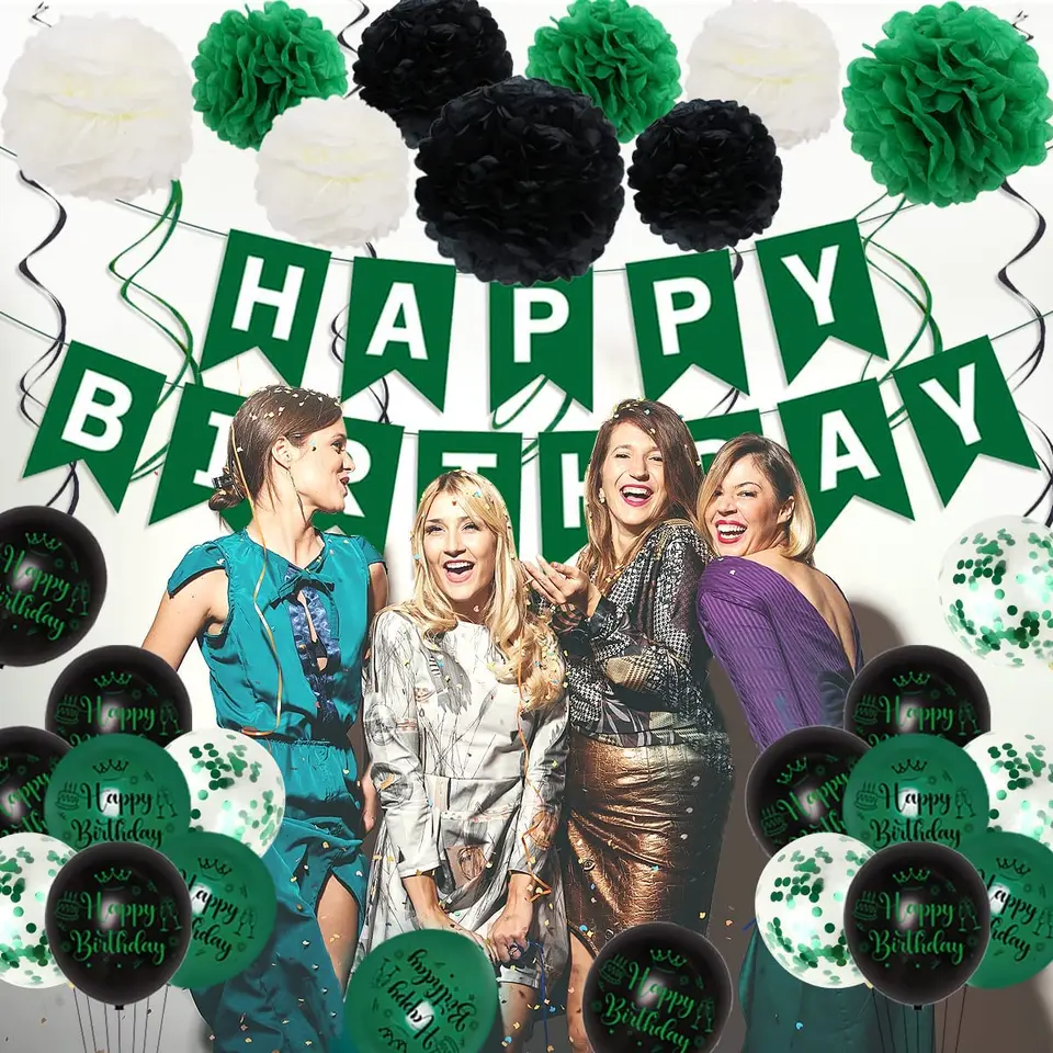 Décoration Anniversaire Verte - Kit Complet Avec Bannière, Guirlande, Pompons Et Ballons à Confettis Verts Pour Fête Joyeux Anniversaire