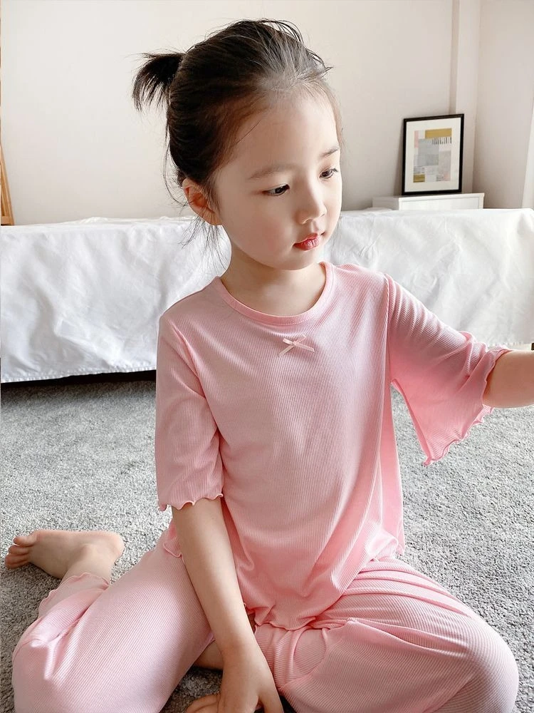 여자 새로운 중국 스타일 라운지웨어 세트 루즈핏 통기성 중간 소매 탑 크롭 팬츠 여름 에어컨 의류
