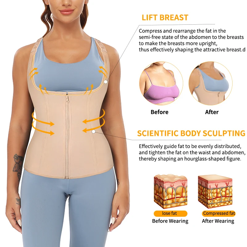 Women Waist Trainer Vest Slim Corset Neoprene Sauna Tank Top Zipper Front Hooks Inside Weight Loss Body Shaper Under Bust Shirt