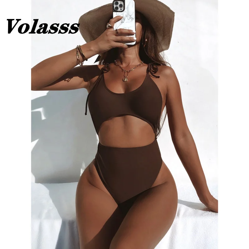

Sexy Bandage Swimsuit One Piece Backless Monokini High Cut Bikini Set Solid Color Swimwear Women New Hollow Out Bodysuit Female