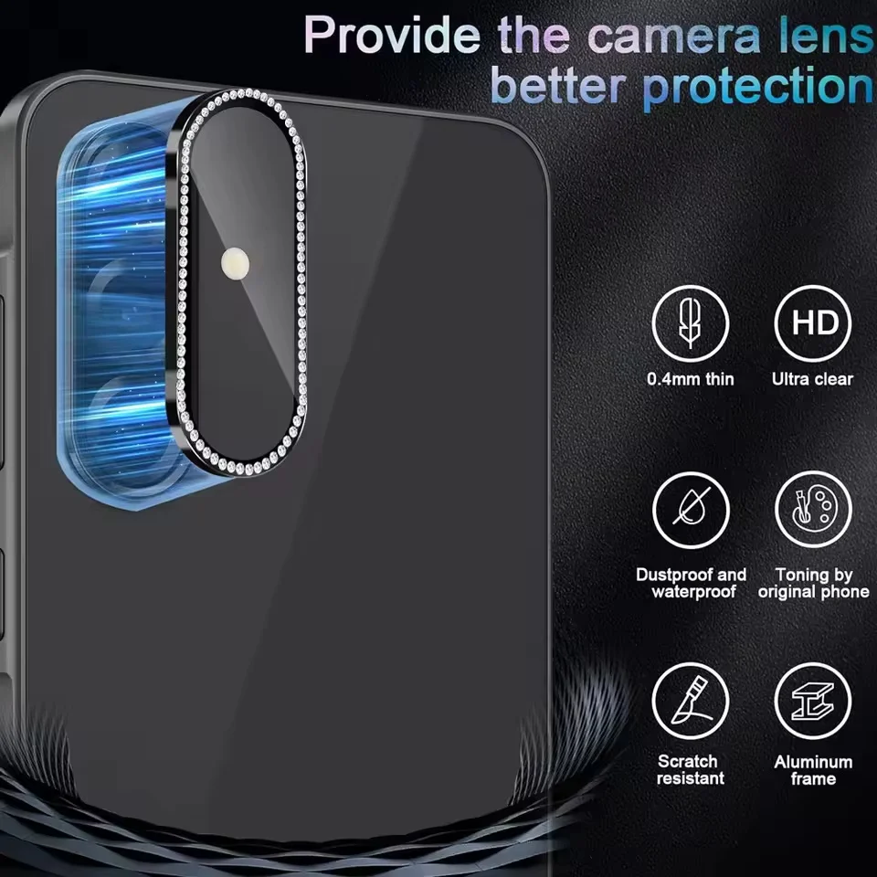 Shiny Diamond Tempered Glass Camera Protector with Alloy Metal Ring