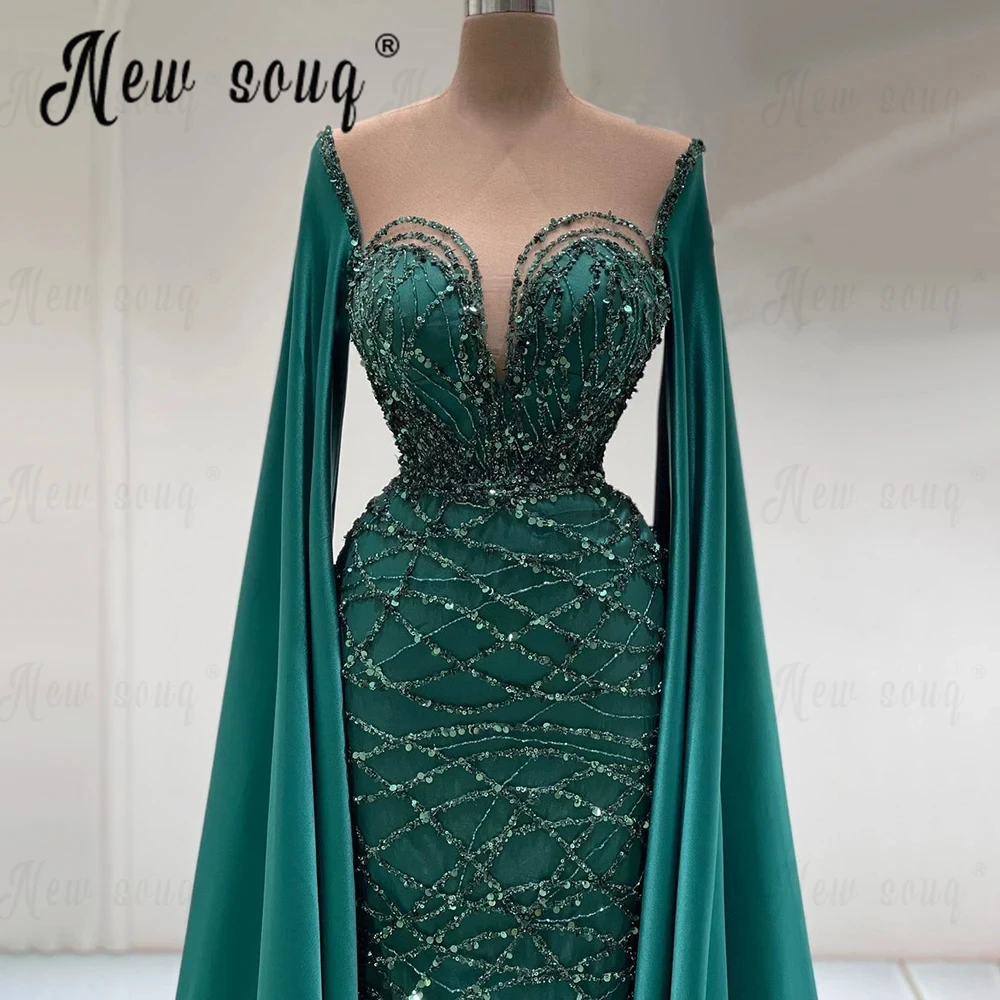 

Elegant Long Cape Sleeve Emerald Green Evening Dress Arabic Celebrity Dresses Sparkly Beading Sequins Wedding Party Dress