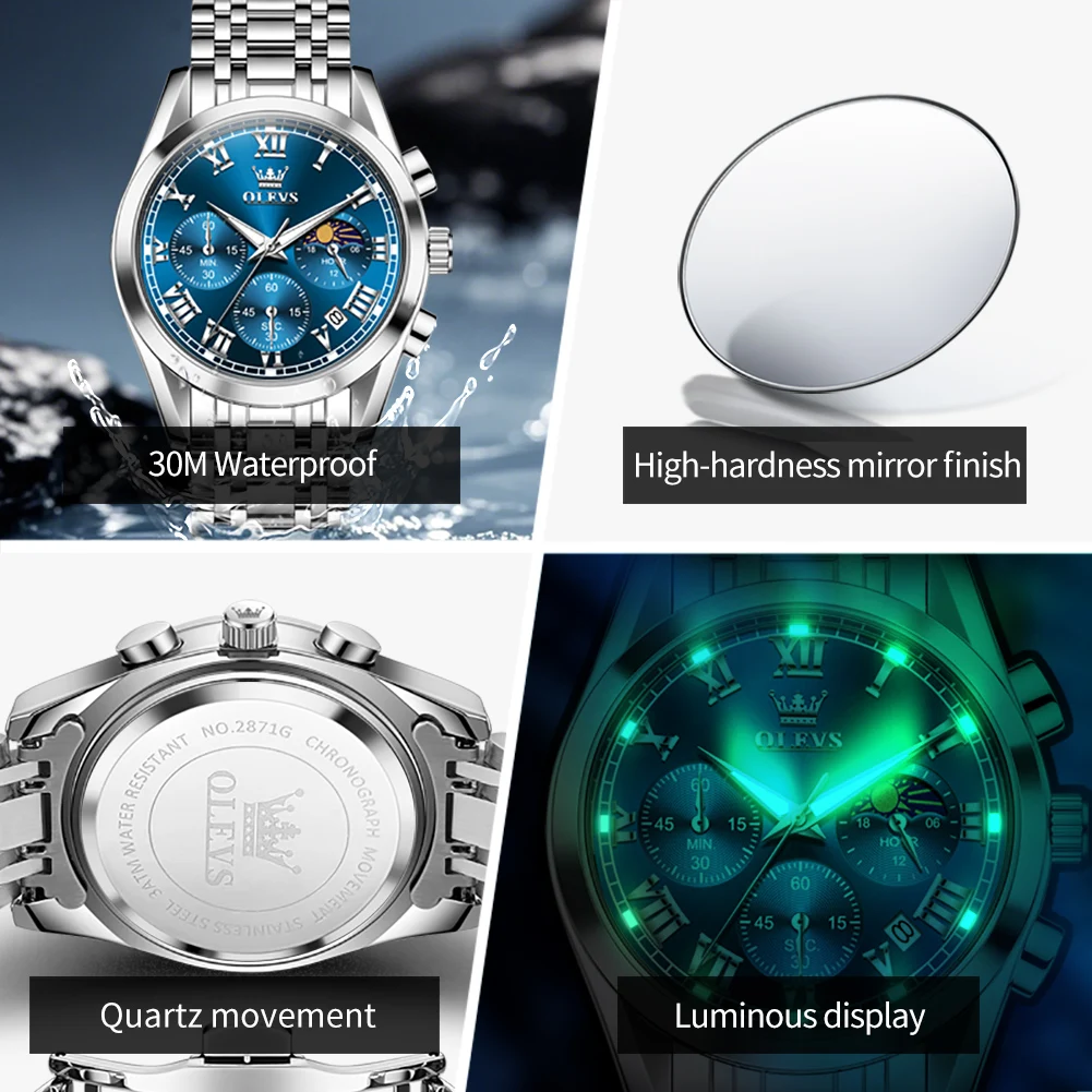 OLEVS 2871 Men's Watches Solid Steel Strap Luxury Original Quartz Wrist Watches For Man Waterproof 24 Hrs Moon Phase Chronograph