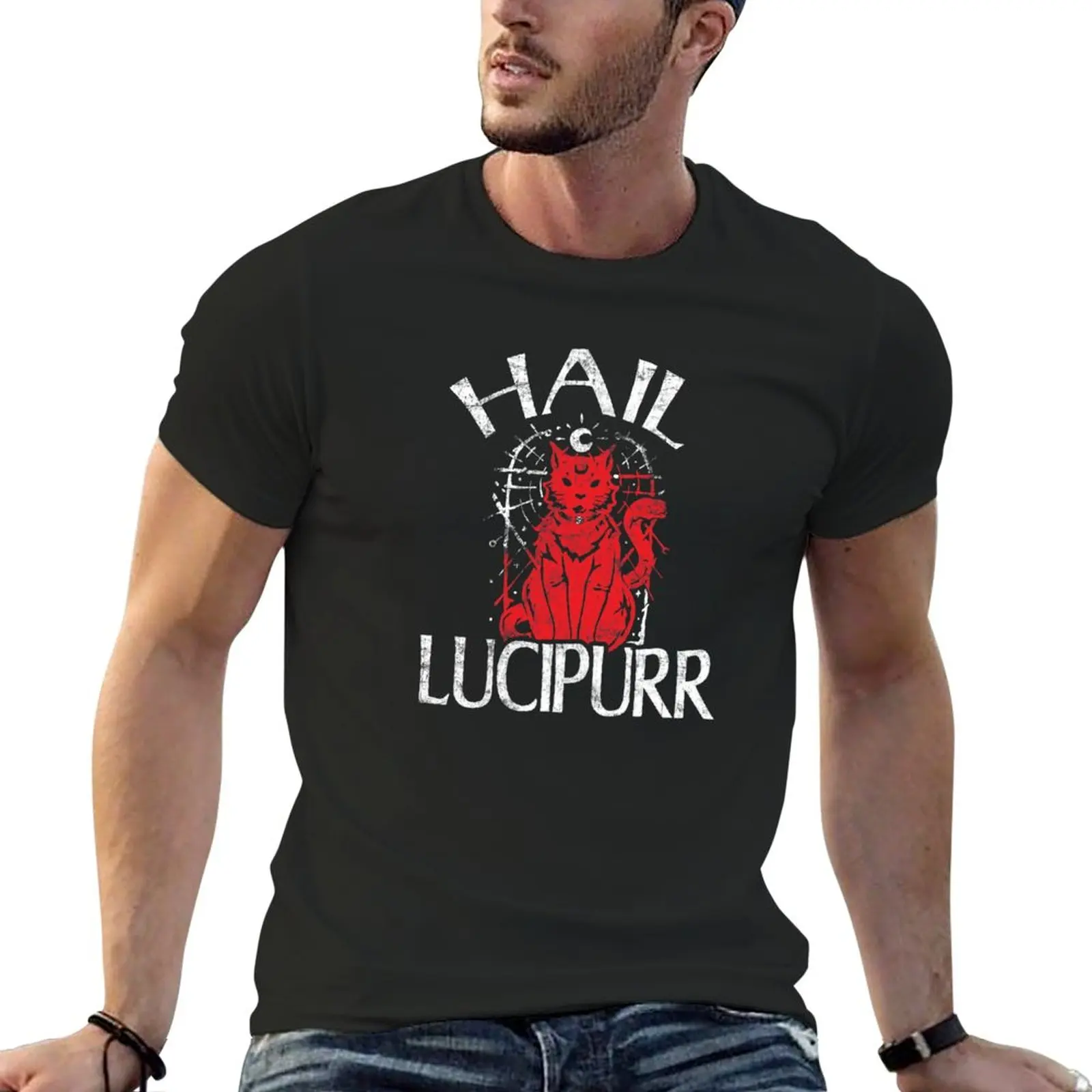 

Hail Lucipurr - Cat Lover Owner & Satan Lover - Distressed Style T-Shirt kawaii clothes tees Men's clothing