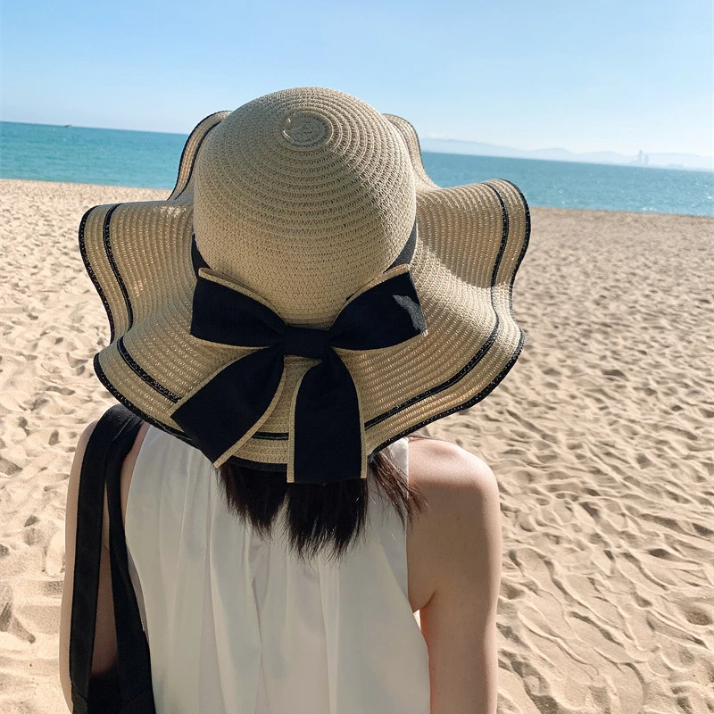 Breite Krempe Floppy Beach Bowknot Panama Lady Casual Sonnenhüte für Frauen Strohhut_voghion.com