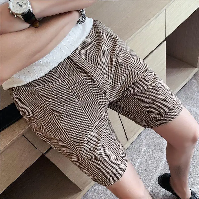남성용 얇은 반바지, 한국 패션, 트렌디 격자 무늬 세트 바지, 비즈니스 슬림, 캐주얼 하프 팬츠, 상쾌하고 시크한 착용, 2024 여름