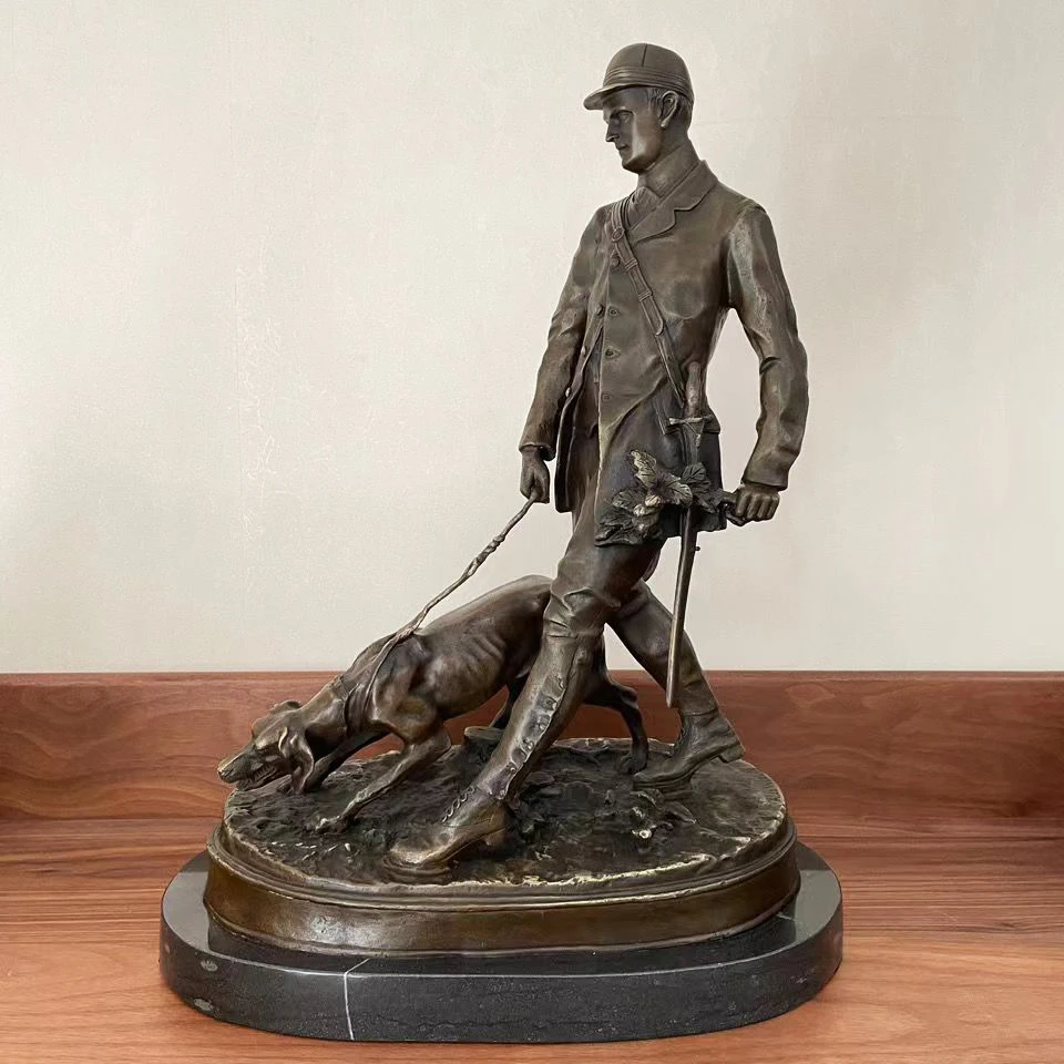 

Bronze Policeman with Dog Going on Patrol Statue Vintage Sculpture Marble Base Handcrafts Large for Home Decoration