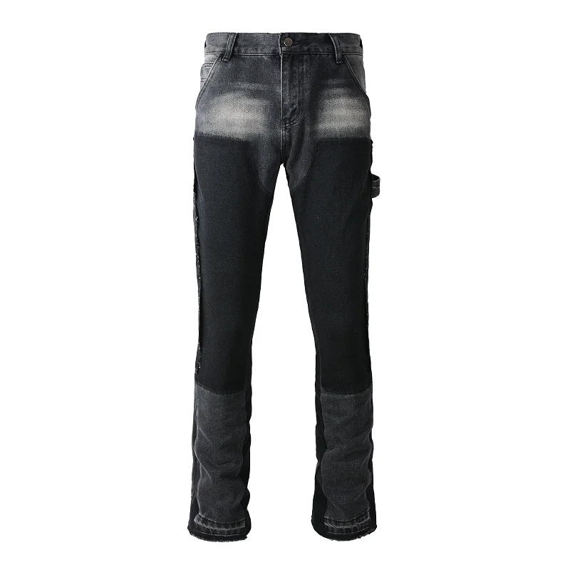 

2024 New Mens Black Gray Cotton Flare Spliced Bootcut Multi-Pocket Mens Jeans Mens Street Style Baggy Pants Men A9303