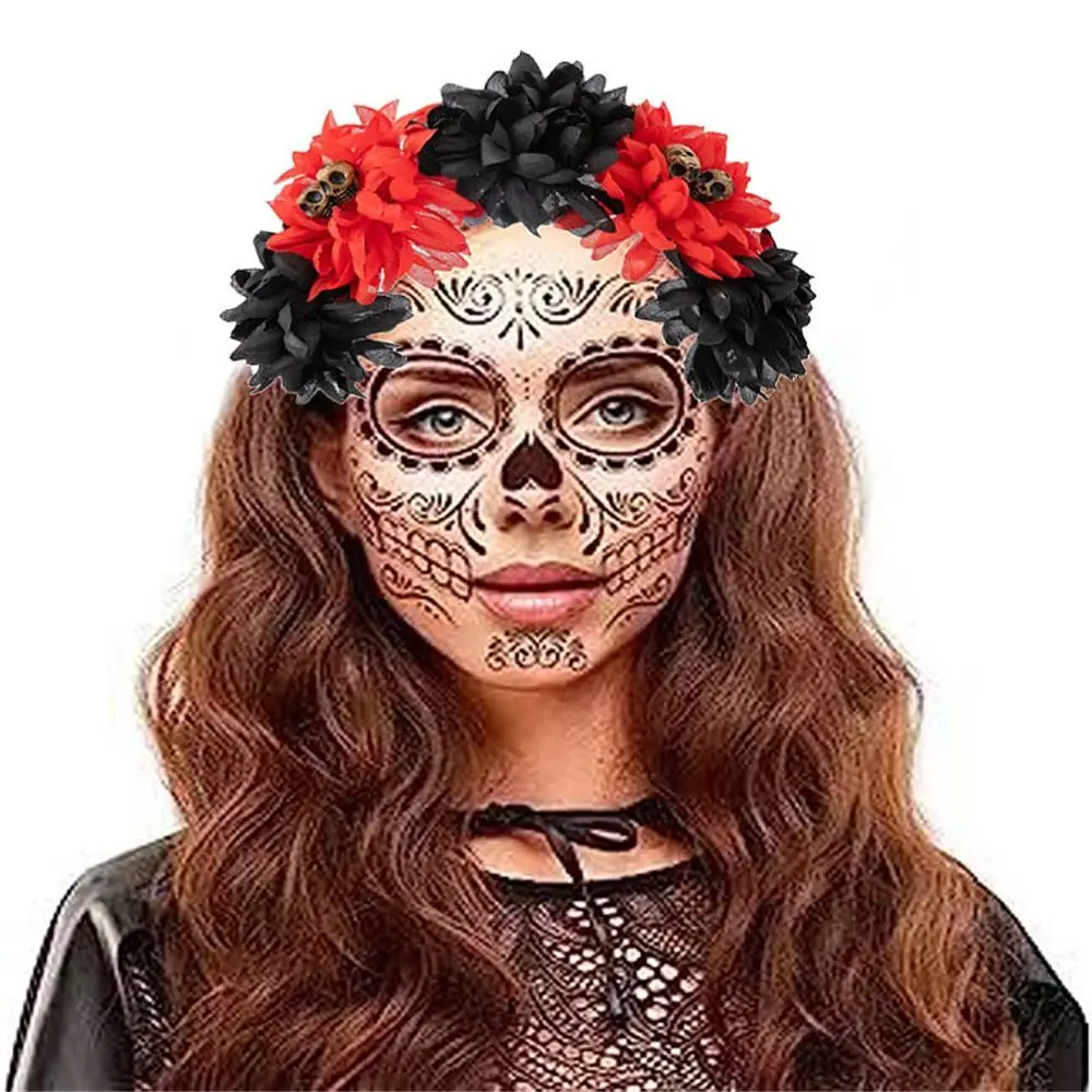 Halloween Rose Blumen Stirnband Mexikanische Blumenkrone Kopfschmuck mit schwarzem Schleier Party Kostüm Cosplay Kopfbedeckung Dekoration – Detail 10