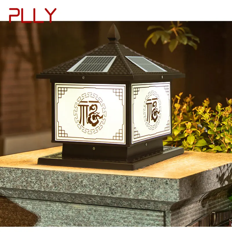 PLLY Outdoor Solar Post Lamps Vintage Chinese Pillar Lights LED Waterproof IP65 for Home Villa Courtyard Garden