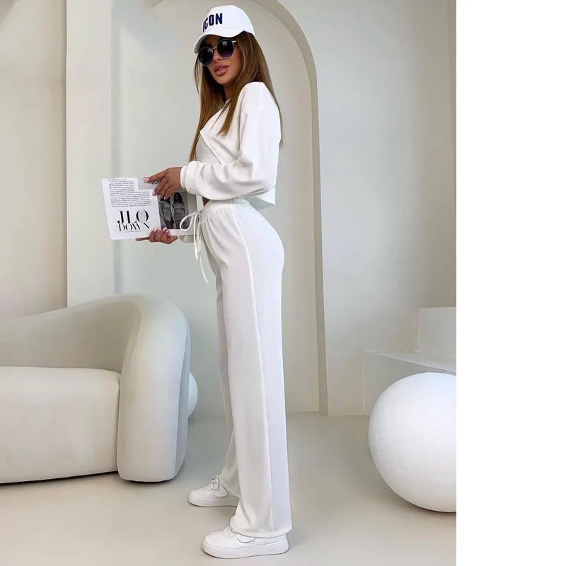 New Fashion Crew-neck Short Long-sleeved Short Top Trouser Suit Three-piece New Pure Color Lace-up Sexy Sport All-match Ladies