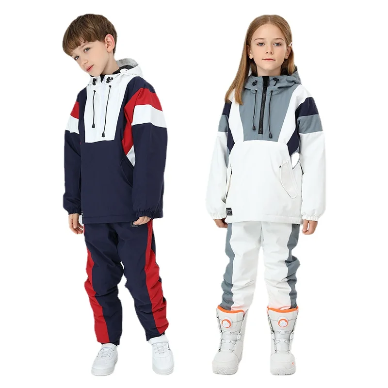Boys Girls Skiing Suit Winter Outdoor Warm Windproof Waterproof Children Ski Hoodie Jacket+Ski Pants Suit Kids Snowboarding