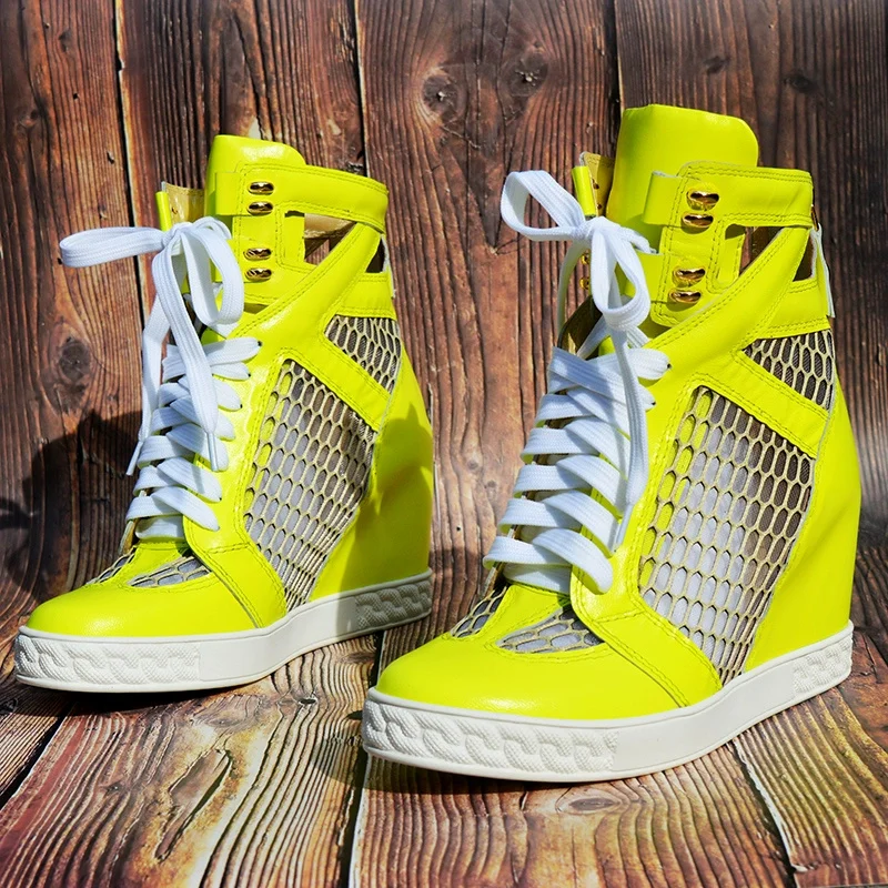 

Summer Patchwork Lace-up 8CM Increases Joker Plus Size Women's Shoes High-heeled Hollow Boots