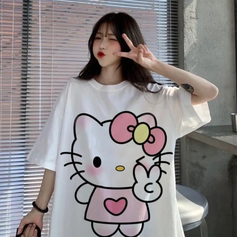 

Summer Hello Kitty Anime Kawaii Sanrio Ins Fashion T-Shirt Cute Cartoon Kt Cat Y2K Loose Short Sleeve Clothing Gifts for Girls
