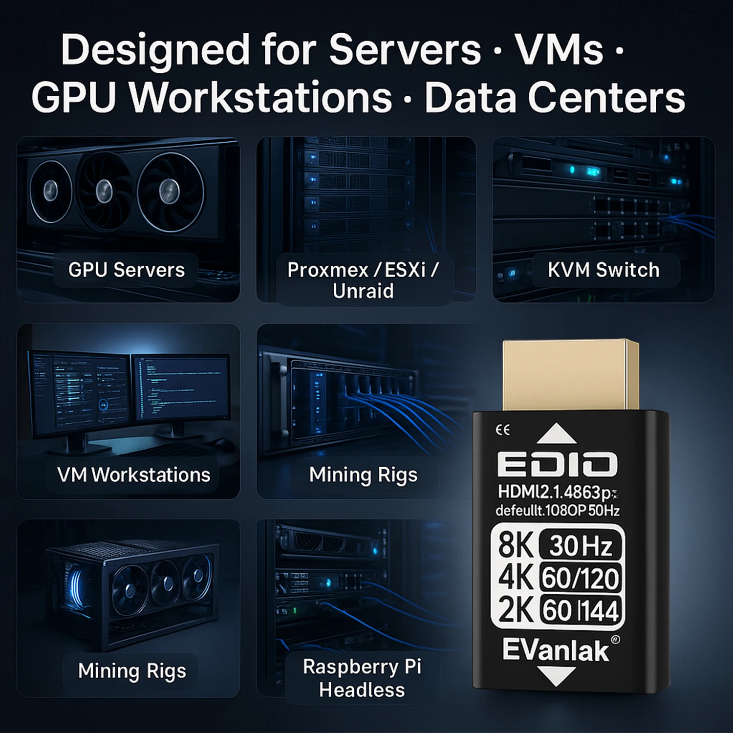 HDMI 더미 플러그, 4K EDID 에뮬레이터 헤드리스 고스트 디스플레이 어댑터, 양방향 HDMI 2.1, 8K/30Hz,4K/120Hz,1440P/144Hz 지원