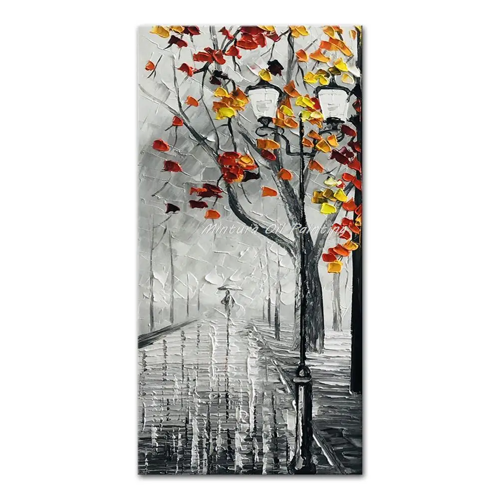 

Mintura Large Size Handmade Artwork Handpainted Modern Oil Painting on Canva The Street And Tree Home Decor Hotel Decor Wall Art