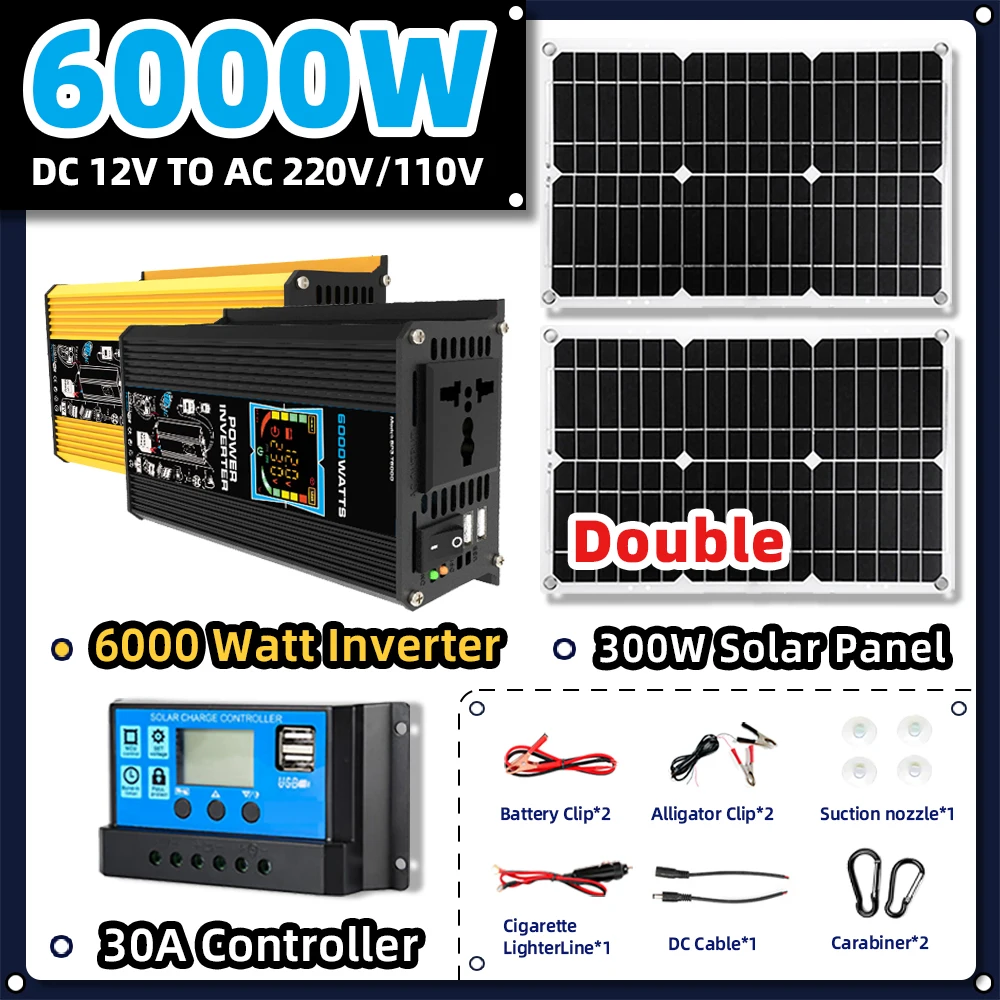 Kit Di Sistema Inverter 6000W Pannello Solare 300W 18V Caricatore Esterno Portatile Alimentatore Accumulo Di Energia Regolatore Solare 30A Campeggio
