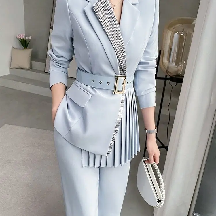 Summer Slim Irregular Pleated Suit Set Elegant Women's Office Work Uniform Party Club Dress Pants Set Blazer Jacket Set