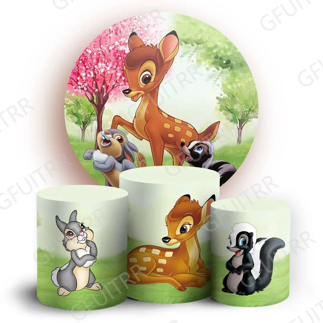 

Bambi Round Backdrop Child Birthday Baby Shower Photo Backdrop Disney Deer Round Cylinder Cover Party Decor Poster Photo Prop