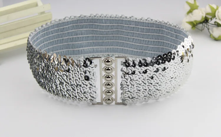 Sequin Elastic Glitter Belt Women's Corset Wide Waist Belt Metal Buckle Waistband Decorative Corset Strap Party Dress Accessorie