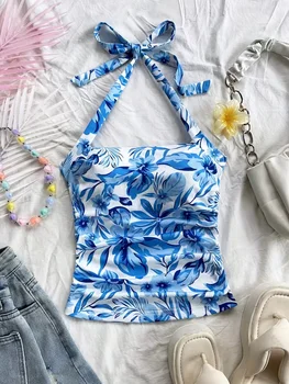 cropped top，Women's vacation open collar blue and white printed pleated lace up backless vest 1