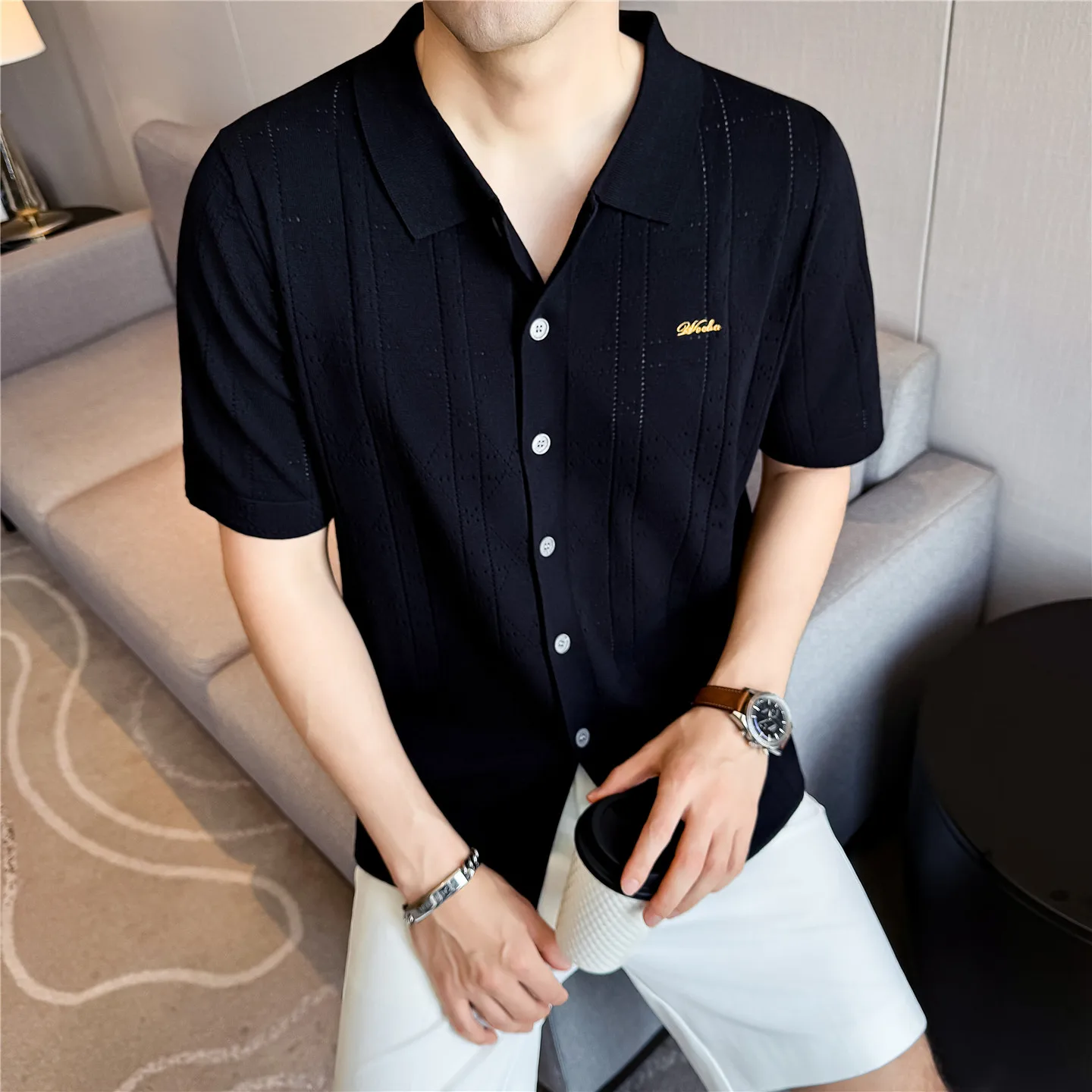 남성 니트 반팔 셔츠 오픈 프론트 플래킷 칼라 속이 비치는 통기성 여름 비치 루즈핏 가디건