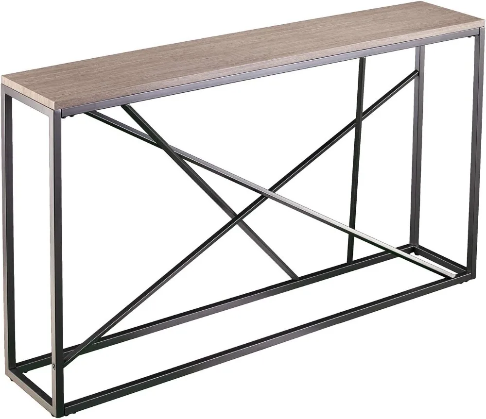 Modern Gray Console Table for Living Room, Slim Design with Faux Stone Top, Powder-Coated Iron Frame
