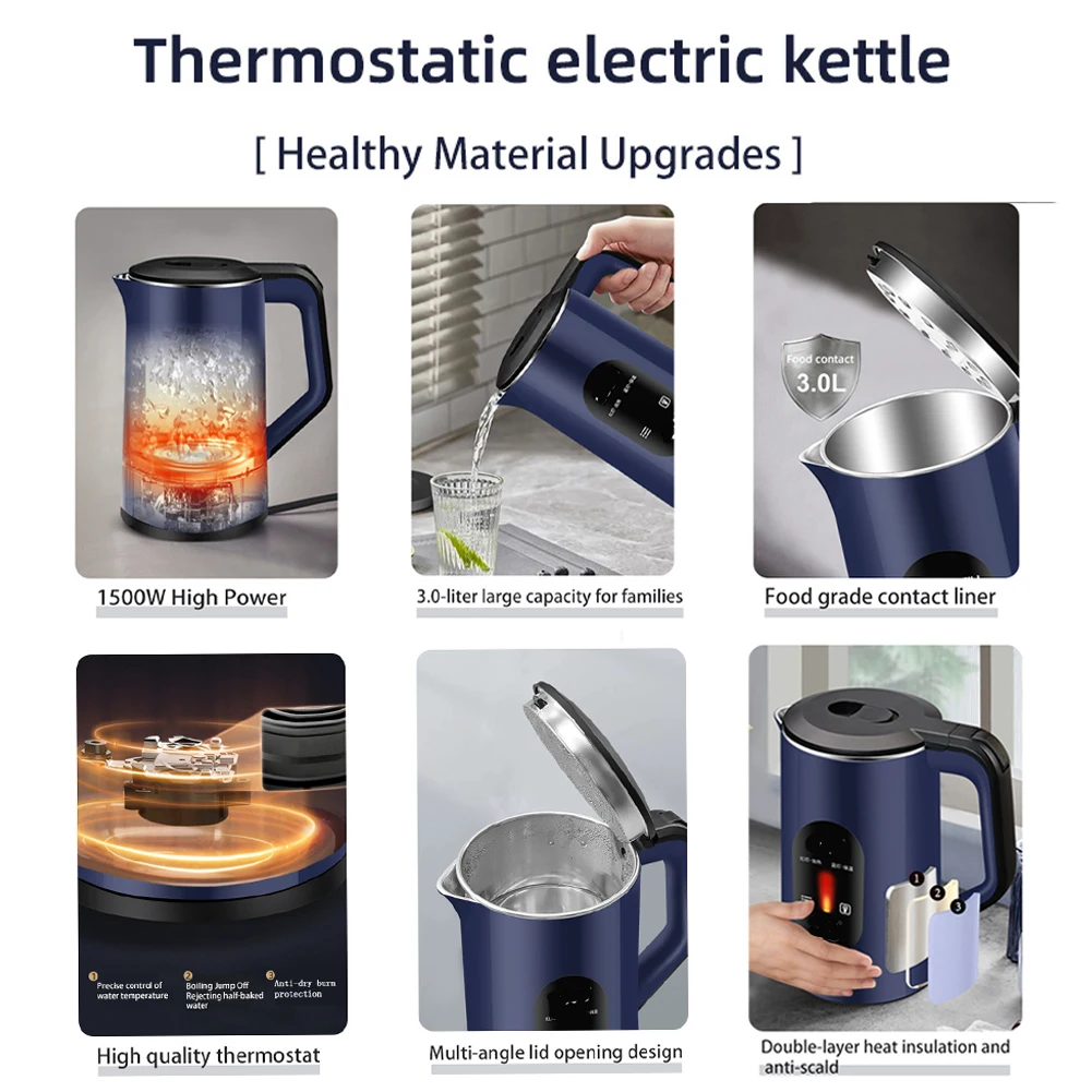 3L Stainless Steel Electric Digital Display Hot Water Boiler Auto-Shutoff Multifunctional Tea Pot 1500W Fast Boil Boil Water Pot 3
