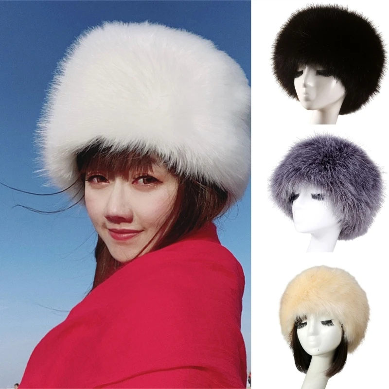 

Women Imitation Fur Round Bucket Hat Soft Thicken Furry Plush Russian Flat Top Hat Female Winter Warm Outdoor Windproof Cap