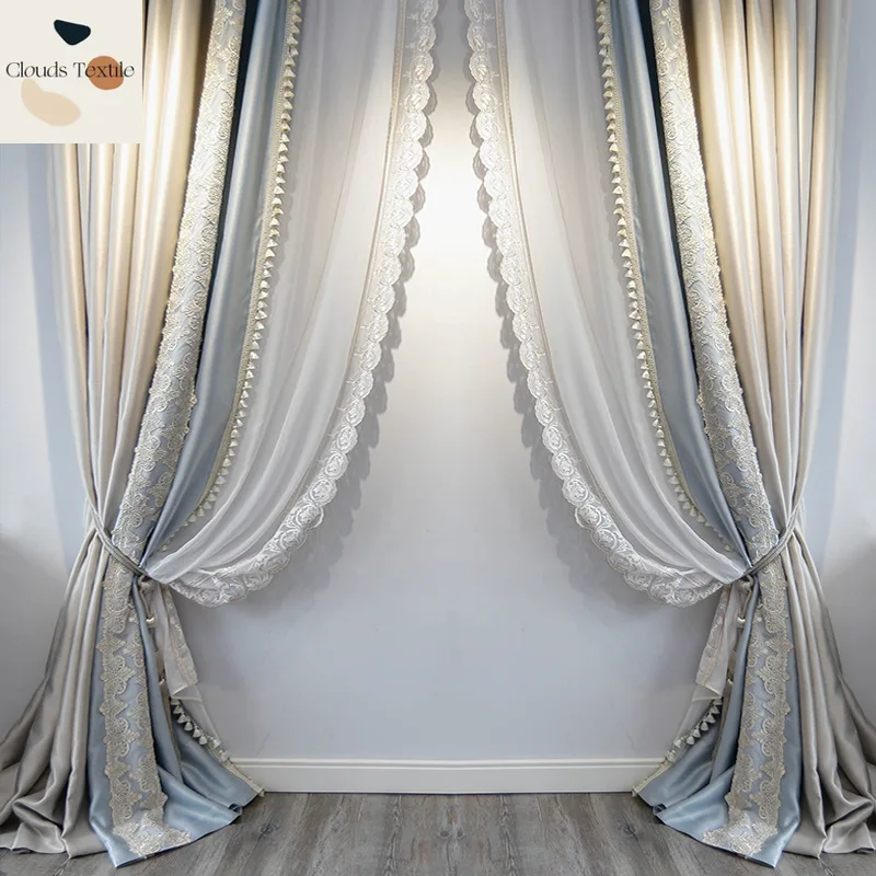 

French Wedding Cotton High Precision High-end Embroidery Blackout Curtains for Living Dining Room Bedroom Finished Products