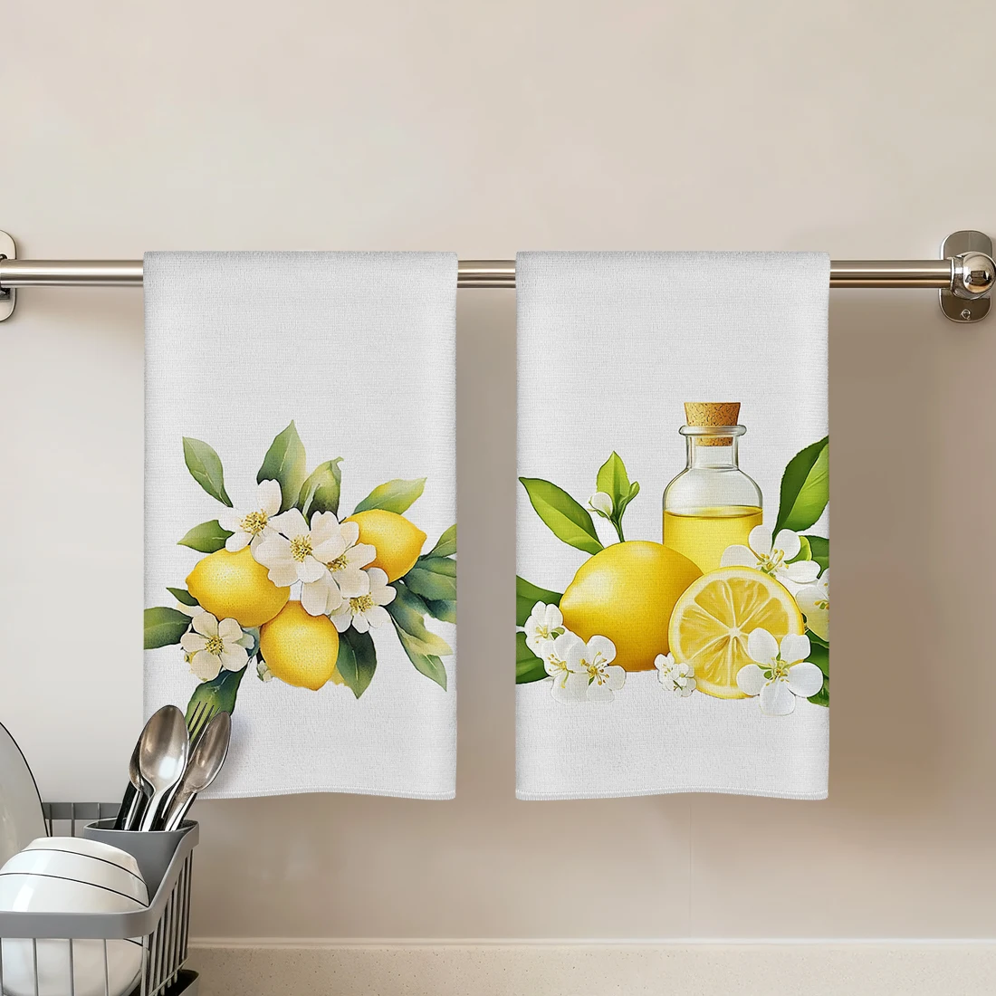 2pcs/set Soft Absorbent Kitchen Towels Dish Towel Lemons And Flowers Dish Cloths Holiday Dry Cloth Kitchen Dish Tea Towel 1