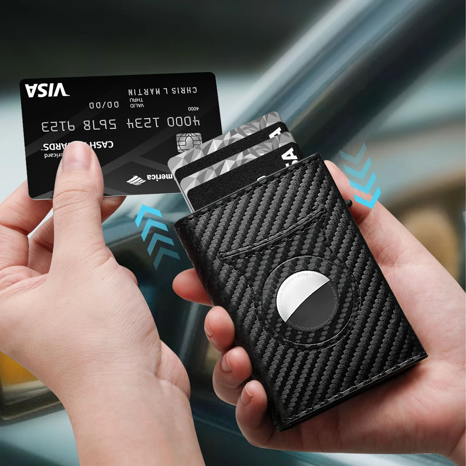 Men's Carbon Fiber Magnetic Card Holder PU Leather RFID Three-fold Automatic Card Holder With Zipper Coin Purse AirTag Wallet