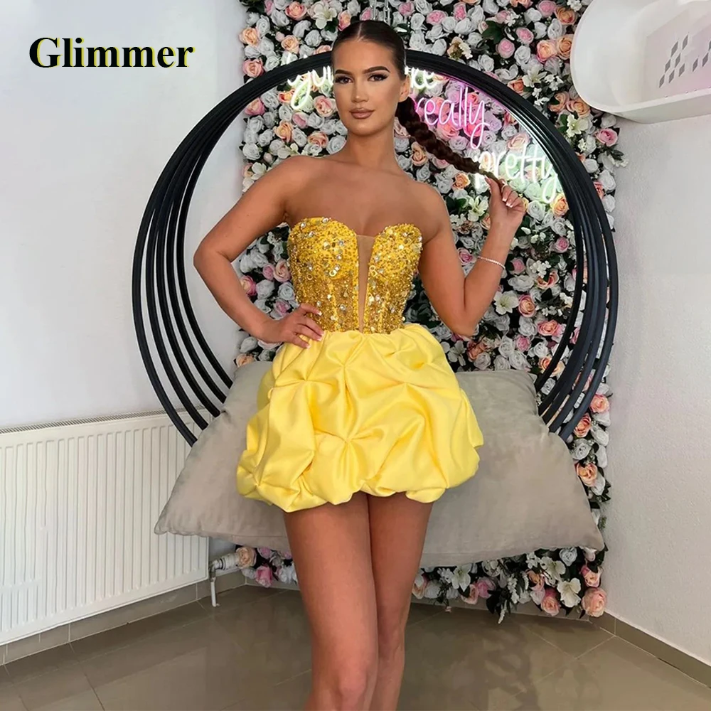 

Glimmer Attractive Strapless Hocoming Dresses Sequines Satin Sleeveless Backless Pleat Vestido De Formatura Made To Order