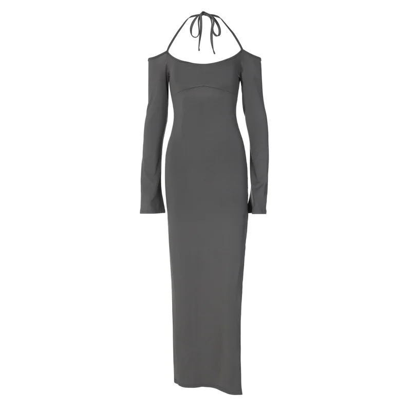 Fashionable and Sexy Backless Slit Solid Color Neck Strap Strapless Jumpsuit Dress for Women 213