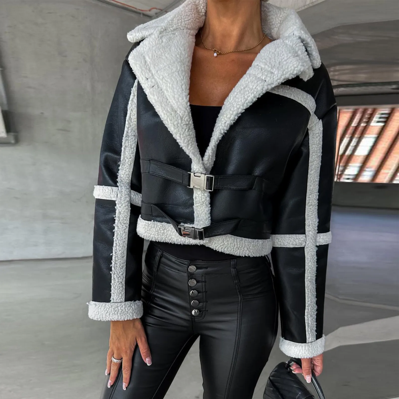 

Women'S Casual Fashion Autumn And Winter Integrated Long Sleeved Jacket Woman’S Button Cropped Jacket Mujer Black Lapel Bomber