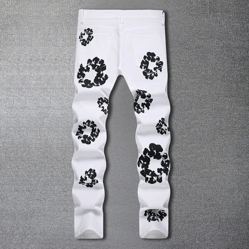 Hip Hop Floral Color Contrast Printed Jeans Men Washed Slim Fit Designer Jeans Pants Men Big Size Tropical Pattern Denim Jeans 3