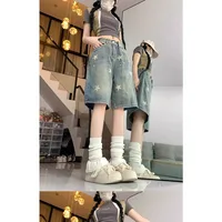 Casual Floral Print Loose Wide Leg Womens Jeans New American Retro Star Design Straight Leg Comfort Stretch Soft Denim Shorts - Image 3