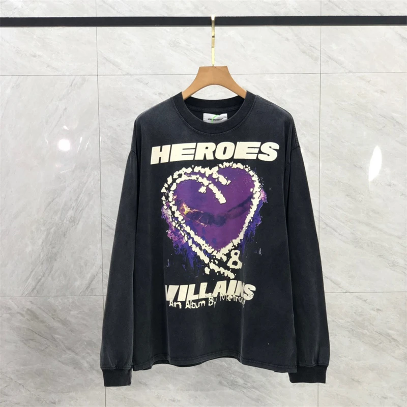 

Новый 23SS Футболка с длинным рукавом HELLSTAR, мужская и женская футболка большого размера с фиолетовым сердечком