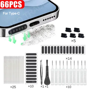 66PCS Altoparlante del telefono cellulare Porta di ricarica Set di pulizia Spina antipolvere per iPhone 16 15 14 Auricolari Kit pulito Spazzola per Samsung Xiaomi