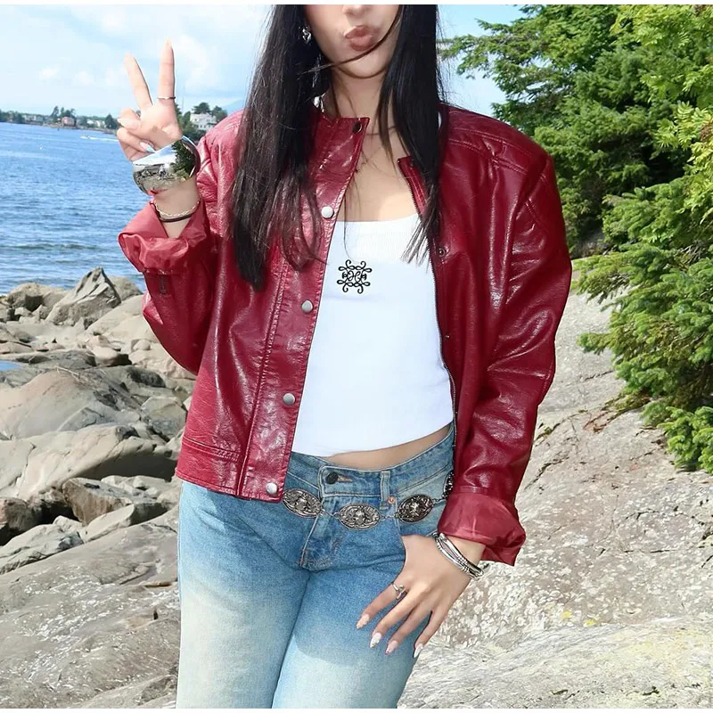 PU Leather Jackets Long Skirts Women's Set Vintage Solid O-Neck Jackets A-Lined Slim Fit Skirt Sets Female Chic Street Outfits