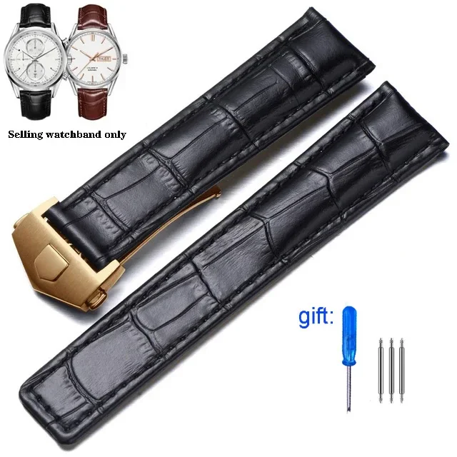 Genuine Leather Watch Strap - Black & Brown Adjustable Bracelet