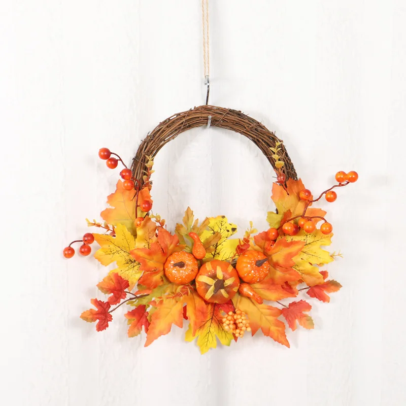 

30cm LED Pumpkin Maple Leaves Wreath for Front Door Decor Harvest Festival Glowing Garland Thanksgiving Hanging Ornament Pendant