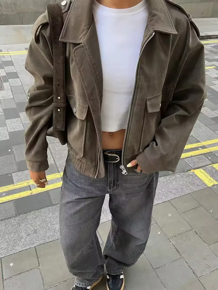 HH Women Fashion Solid Faux Suede Crop Coat Long Sleeve Lapel Zipper Jackets With Pockets Autumn Casual Office Lady Outerwear