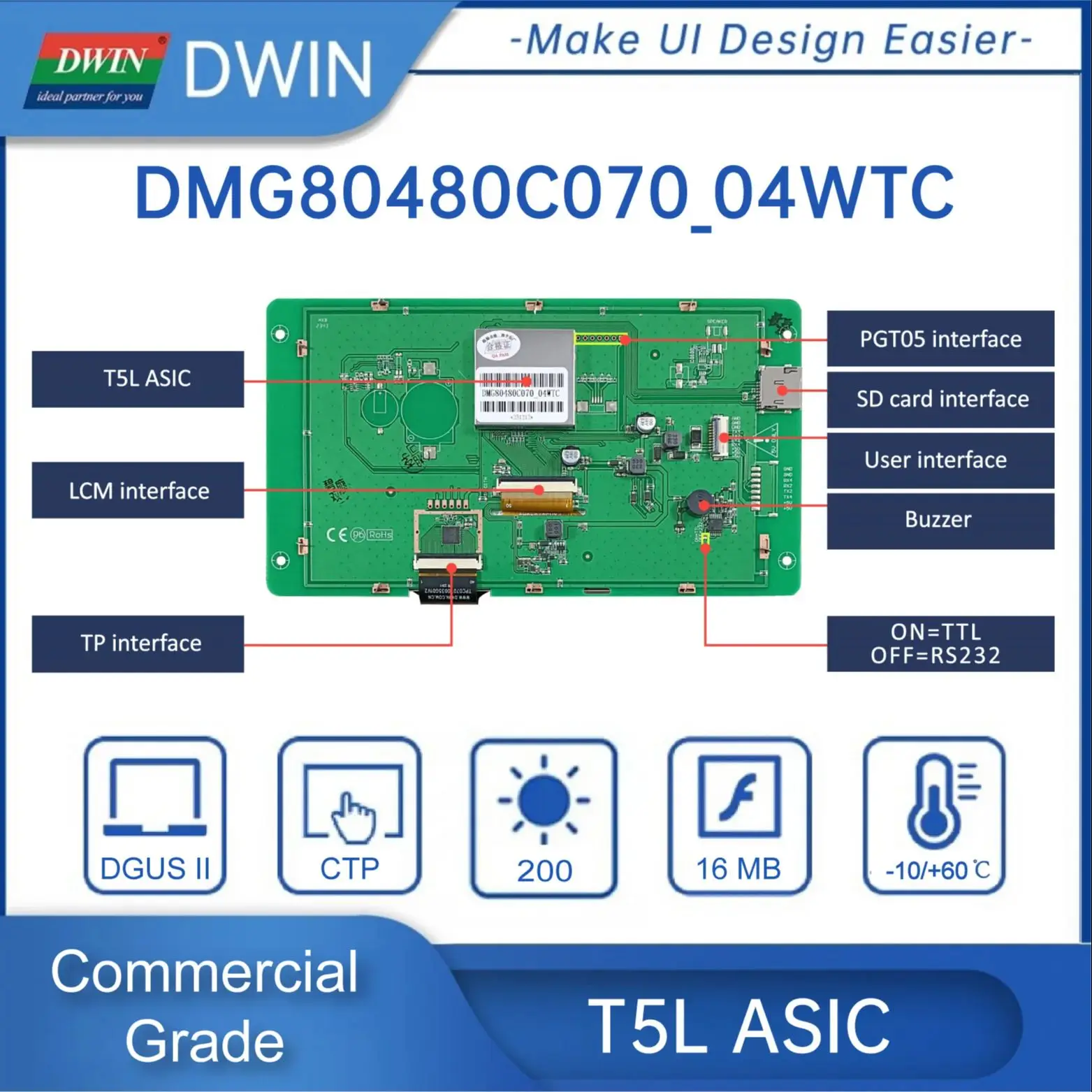 DWIN LCD ,  ġ г ũ, Ʈ UART TFT ÷ DMG80480C070-04W, 800*480 RS232/TTL HMI, 7 ġ