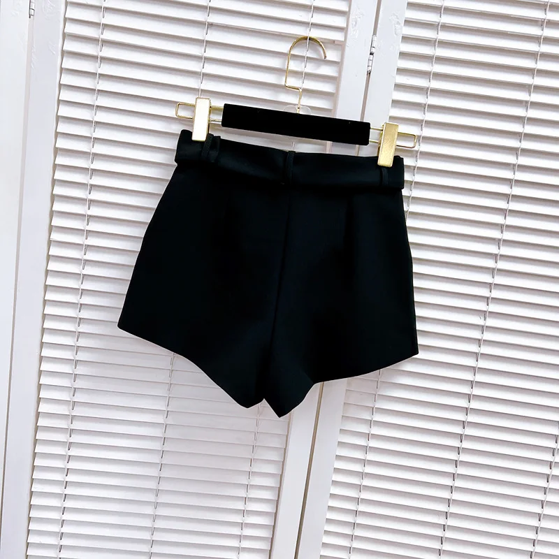 Autumn Clothes Sparkling Rhinestones Buckle Belt Decorative Black Shorts 2023 New Fashion High Waist Straight Suit Shorts Women