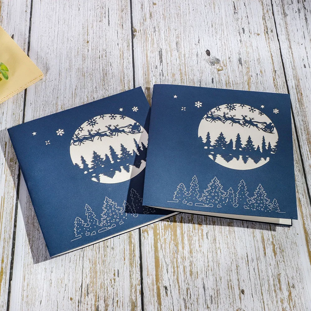 1PC 3D Christmas Forest Hollow Greeting Card DIY Handmade Foldable Invitation Card Christmas Wedding Holiday Gift
