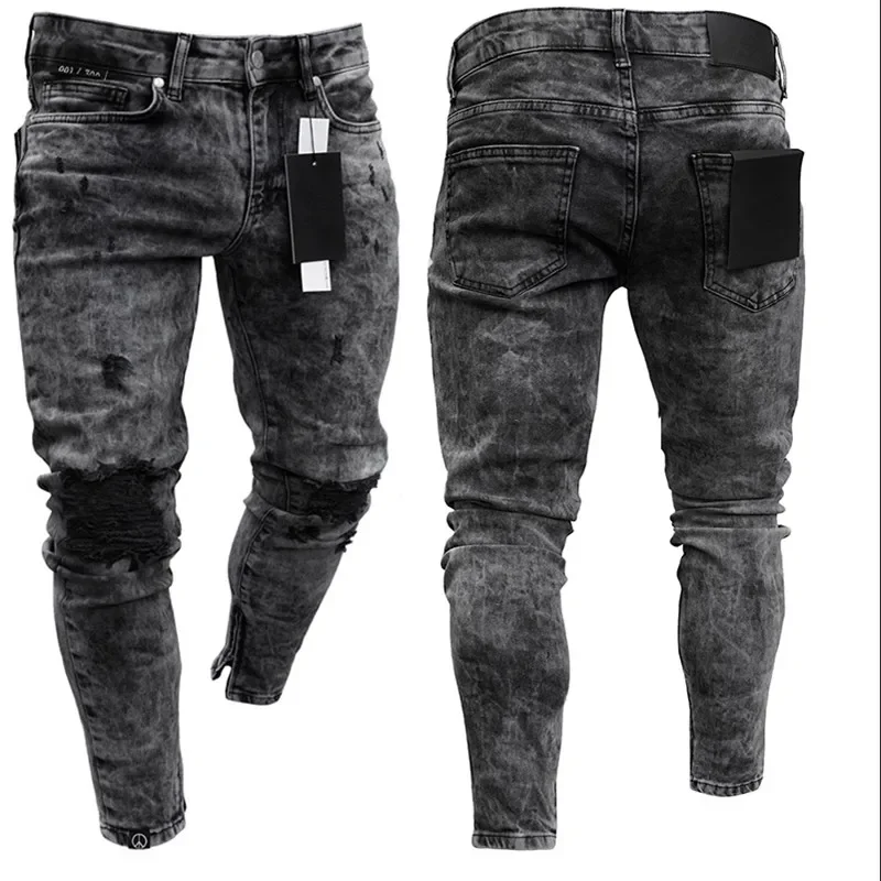 

*Biker Jeans Men's Distressed Stretch Ripped Biker Jeans Men Hip Hop Slim Fit Holes Punk Jeans Zipper Pure Color Denim Pants