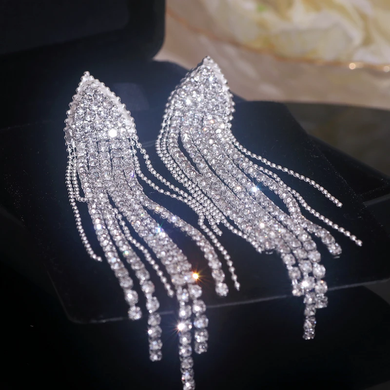 Long Crystal Tassel Earrings for Women Bridal Wedding Drop Dangling Earrings Evening Party Jewelry