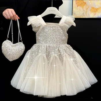 Girl's Mesh Sequins Summer Dress Children Clothes Girls Gauze Skirt Party Evening Birthday Prom Performance Graduation Ceremony 1